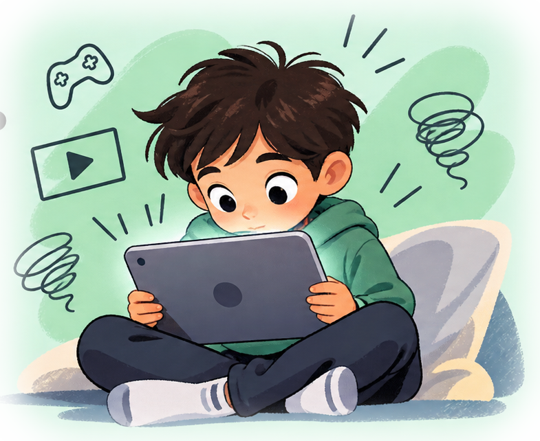 Illustration of a child using a tablet, surrounded by playful screen-time doodles